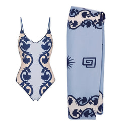 Retro Pattern One Piece Swimsuit Women Two Piece Ethnic Print Vacation Swimsuit