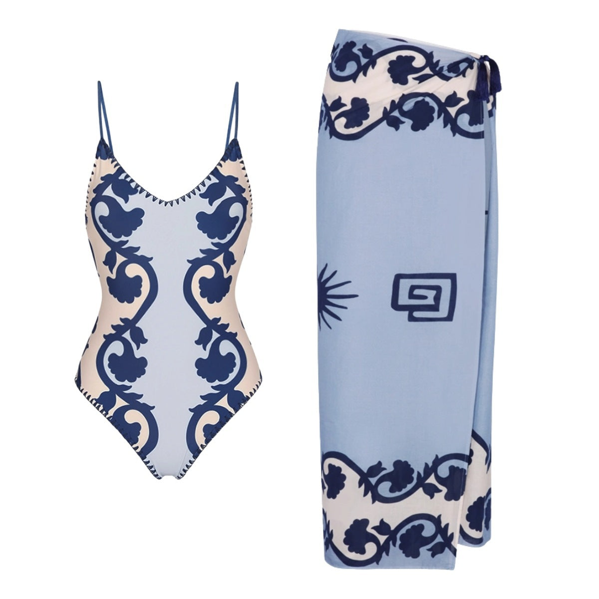 Retro Pattern One Piece Swimsuit Women Two Piece Ethnic Print Vacation Swimsuit
