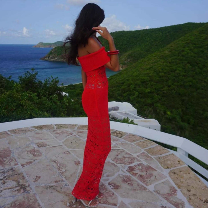 Off Shoulder Hollow Out Cutout Dress Women Summer Waist Hip Knitwear Maxi Dress Women