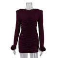 Women Clothing Sexy Nightclub Dress Pullover round Neck Long Sleeves Pleating Skinny Hip