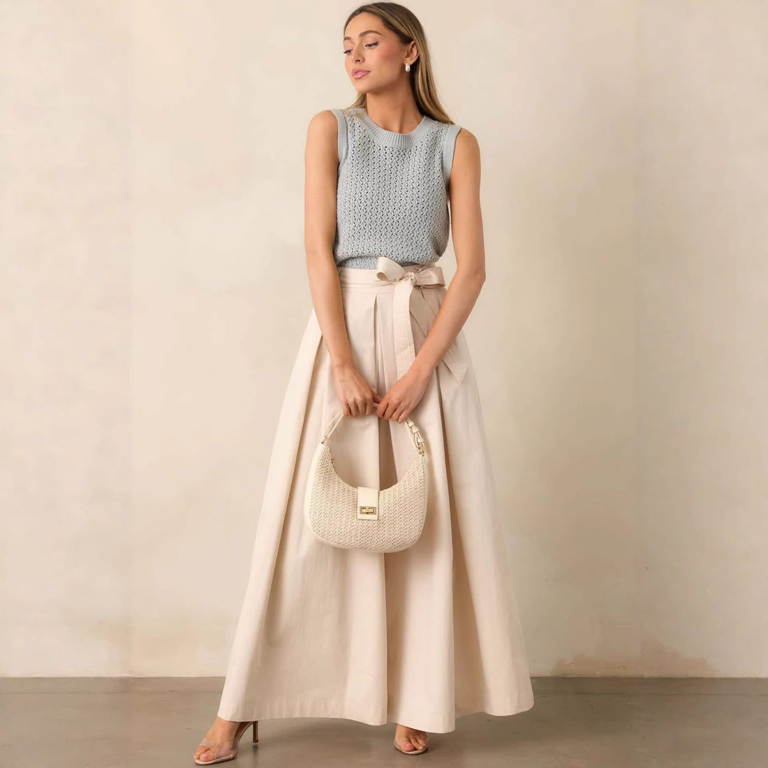 Women's Apricot High-Rise Belted Pleated Straight Leg Pants - Image 3