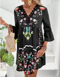 Women Clothing Summer V Neck Lace Stitching Casual All Matching Printed Dress