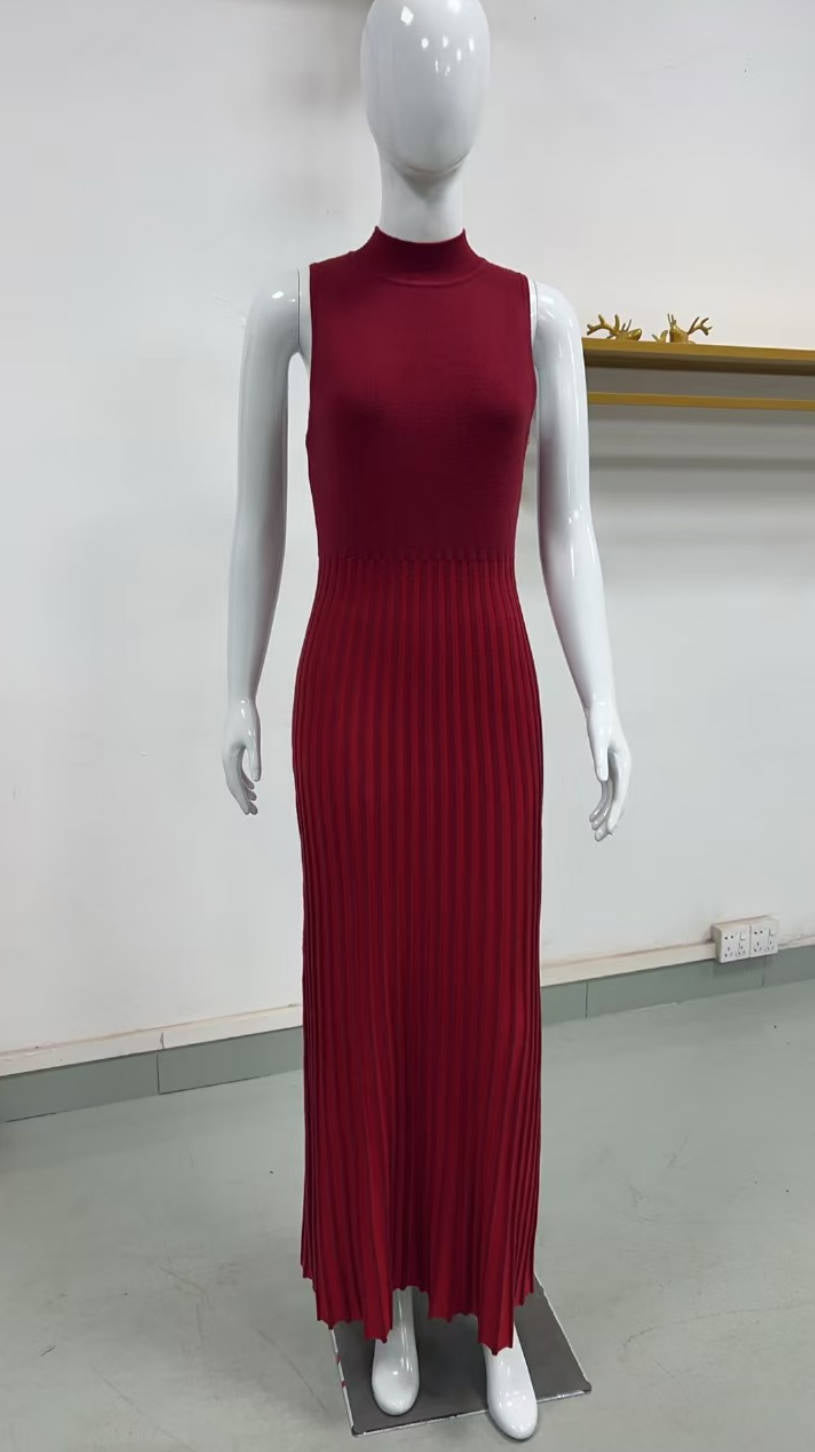 Half Turtleneck Sleeveless Knitted Maxi dress Solid Color Pleated dress Tight Summer Maxi Dress