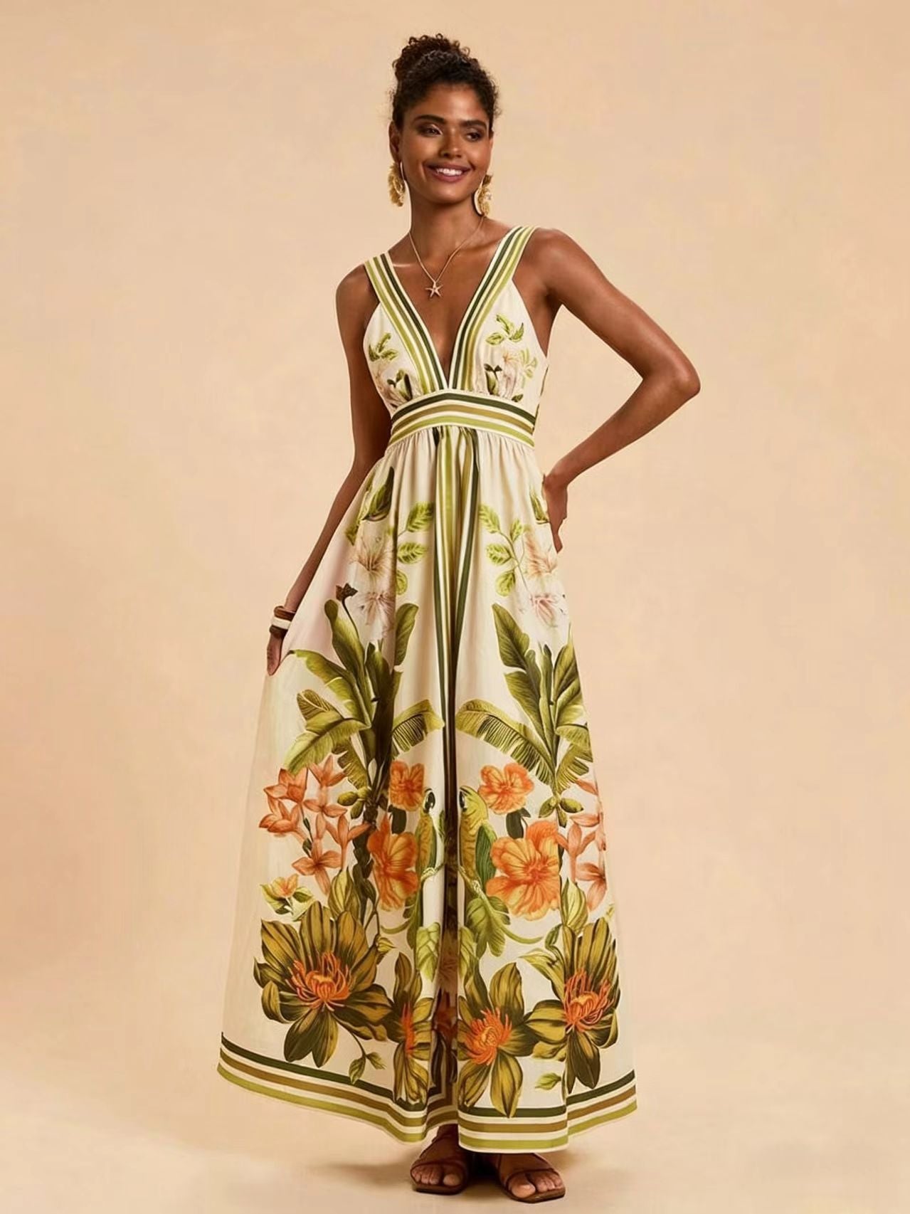 Summer V neck Positioning Printed Back Smocking Dress