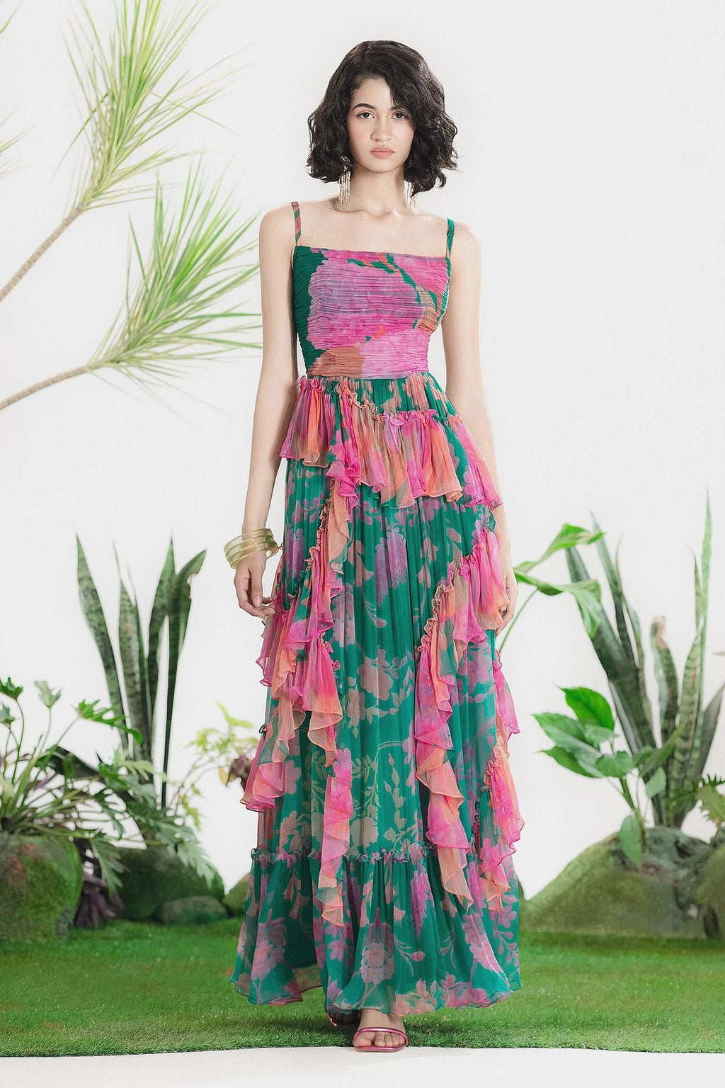 Autumn Floral Print Pleated Suspender Chiffon Midi Dress