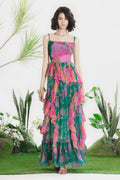 Autumn Floral Print Pleated Suspender Chiffon Midi Dress
