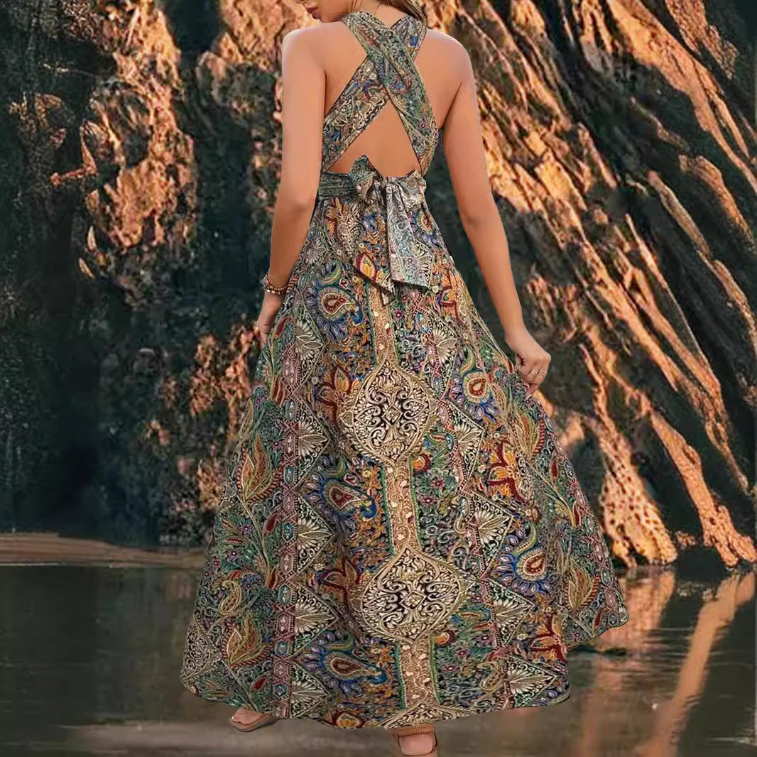 High Waist Bohemian Backless Maxi Dress for Beach and Resort Wear