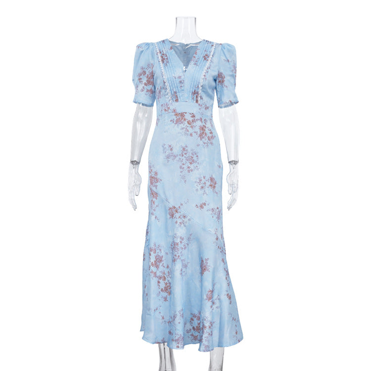 Digital Printing High Grade French Dress Women Arrival V neck Pleated Puff Sleeve High Waist Sheath Dress