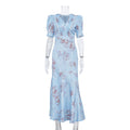 Digital Printing High Grade French Dress Women Arrival V neck Pleated Puff Sleeve High Waist Sheath Dress