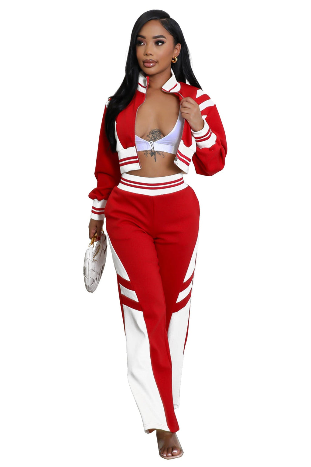 Women's Knit Two Piece Pant Set | Crop Zip Jacket & Wide Leg