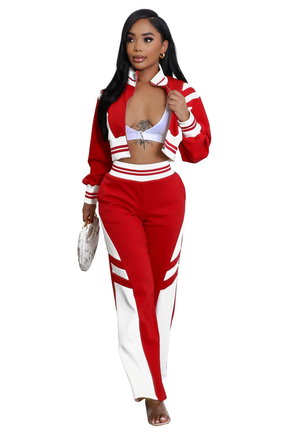 Women's Knit Two Piece Pant Set | Crop Zip Jacket & Wide Leg