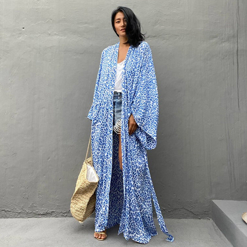 Leopard Print Long Cardigan Loose Beach Sun Protection Coat Beach Cover Up Swimsuit Outwear Women