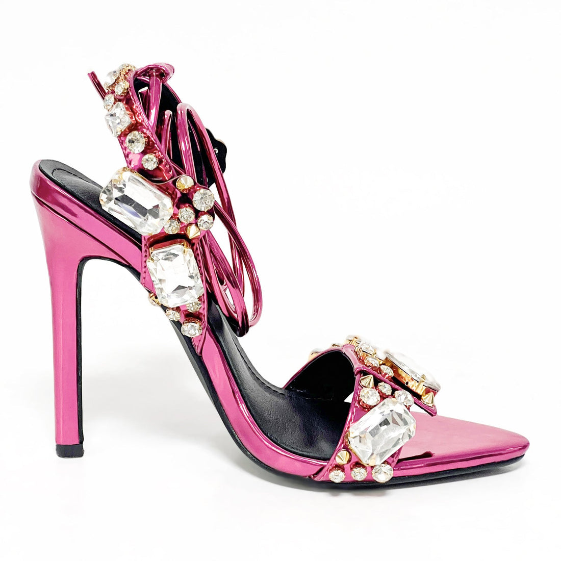 11cm Pointed Gold Rivet Rhinestone Stiletto Heels Summer Sandals Shoes