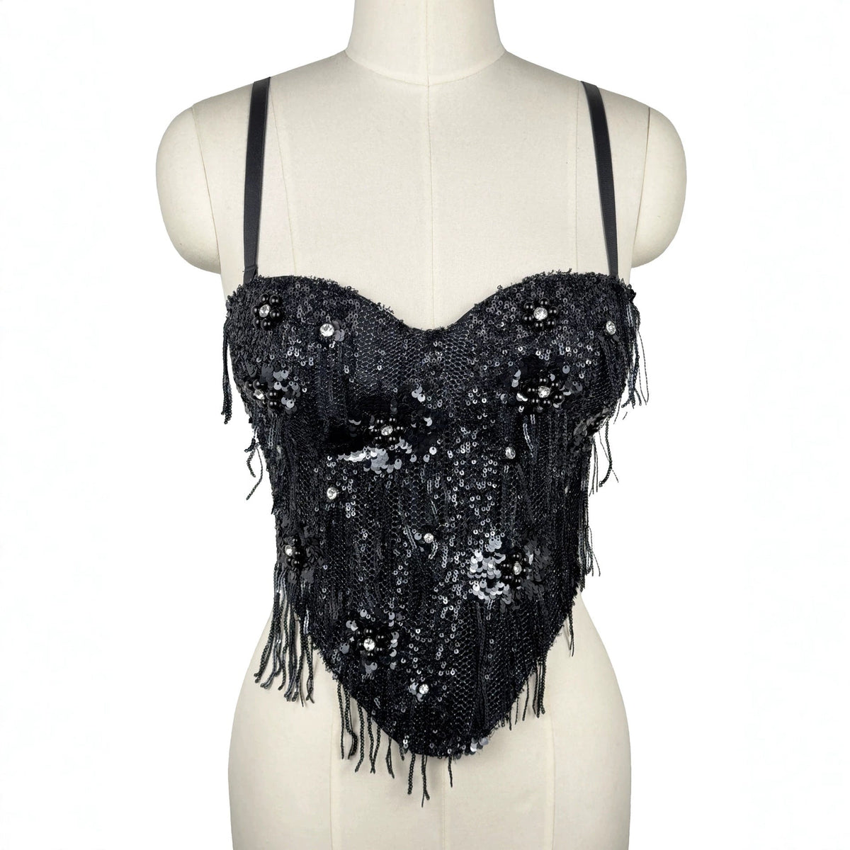 Sequ Tassel Suspender Vest Sexy Boning Corset Bra Rhinestone Beaded Outer Wear Tube Top Boning Corset Top