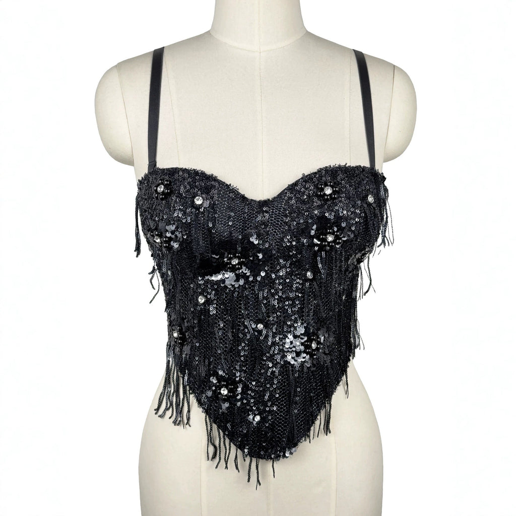 Sequ Tassel Suspender Vest Sexy Boning Corset Bra Rhinestone Beaded Outer Wear Tube Top Boning Corset Top