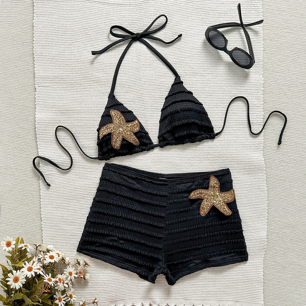 Ruched Halter Split Bikini with Tie-Front Detail for Beach Vacations