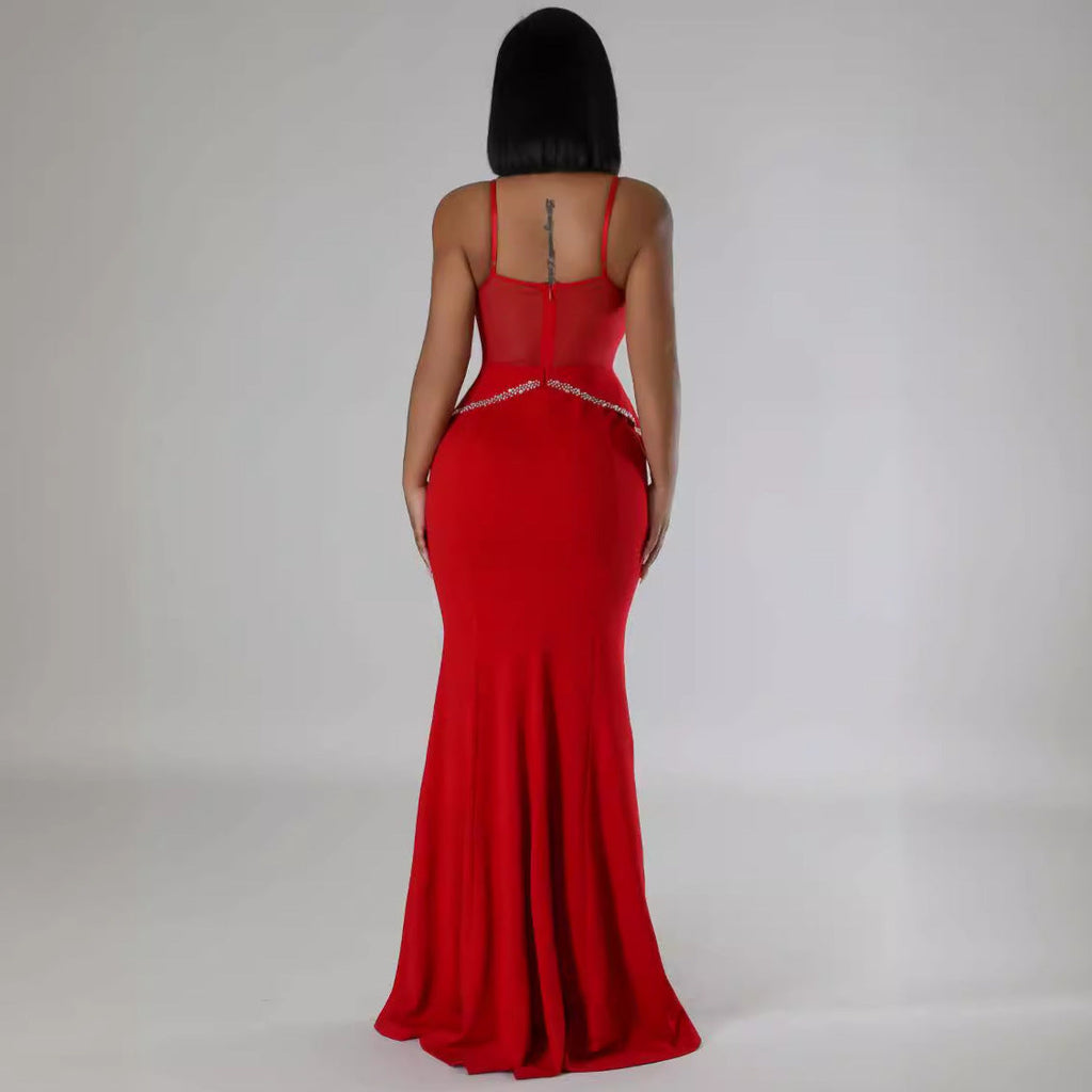 Sexy Rhinestone Mesh See Through Stitching Lace Hip Elastic Sling Dress
