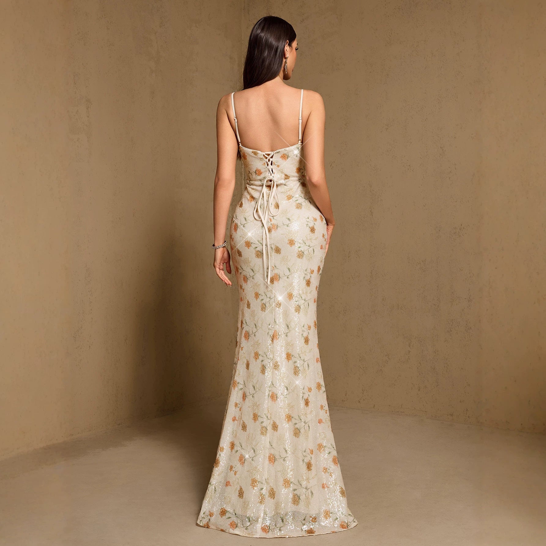 Spring Summer V neck Sling Backless High Slit Back Strap Evening Dress Party Dress