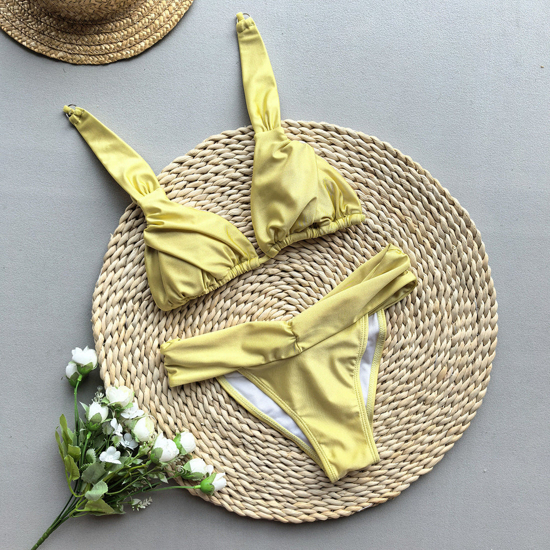 Women's Solid Color Ruched Tie Bikini Split Vacation Swimsuit
