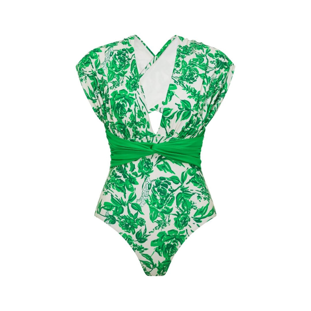 Green Floral Two-Piece Swimsuit with Ruched Cutout Detail
