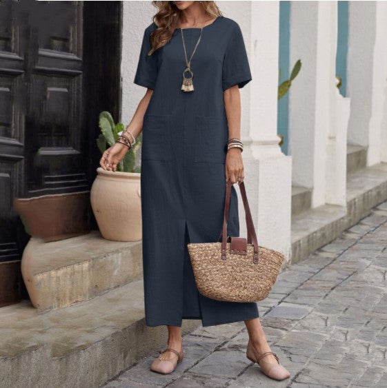 Women's Cotton Linen Midi Dress, Relaxed Fit Round Neck Boho Shift