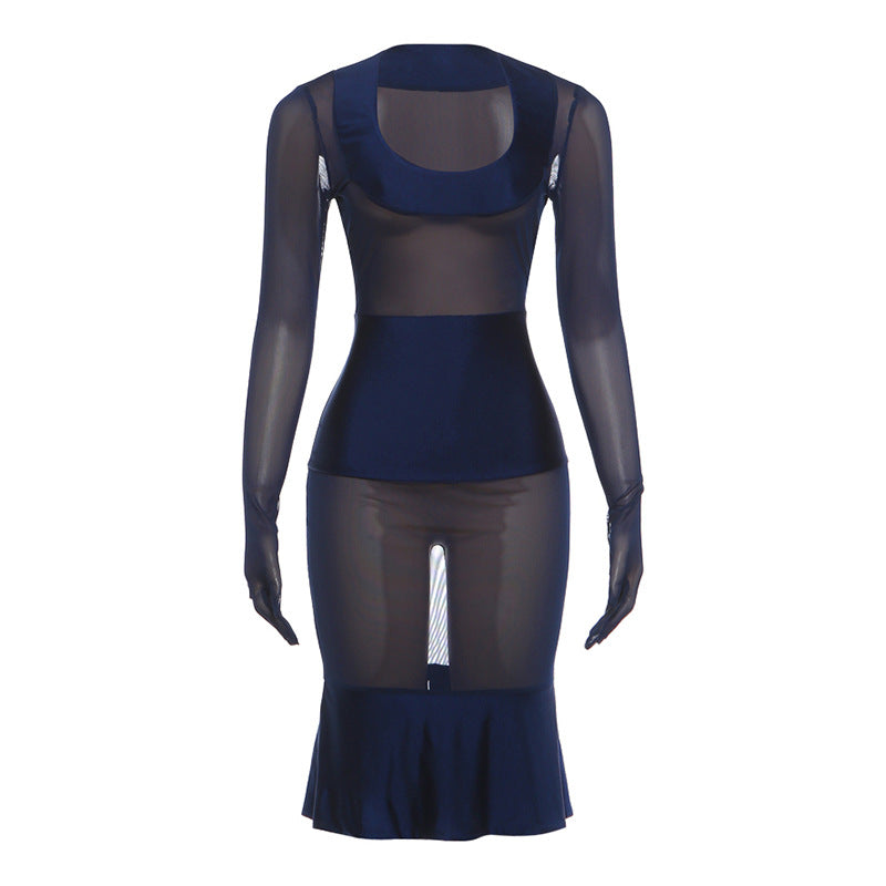 Summer Arrival Low Collar Long Sleeves Slim Fit Sexy See through Mesh Cinched Sheath Dress