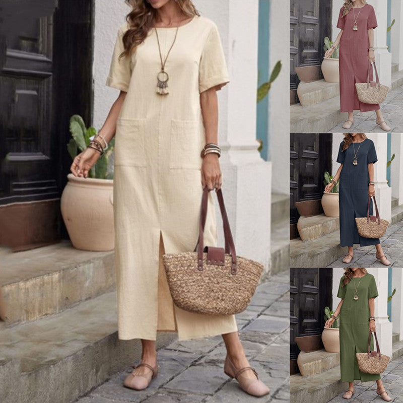 Women's Cotton Linen Midi Dress, Relaxed Fit Round Neck Boho Shift