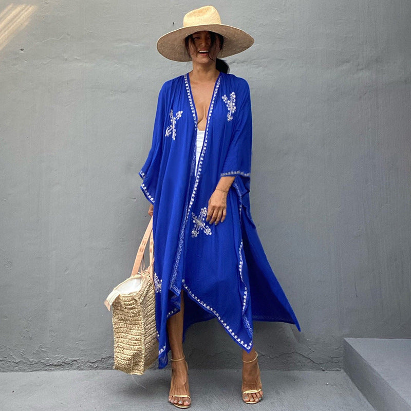 Rayon Embroidered Loose Long Cardigan Beach Sun Protection Coat Beach Cover Up Swimsuit Outwear Women