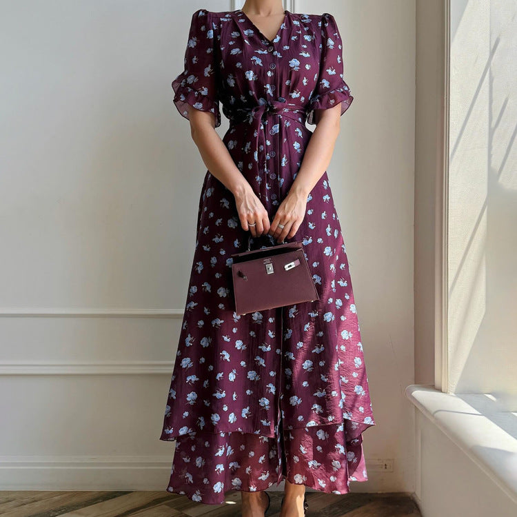 Print French Dress Women V neck Short Sleeve Single Breasted Dress