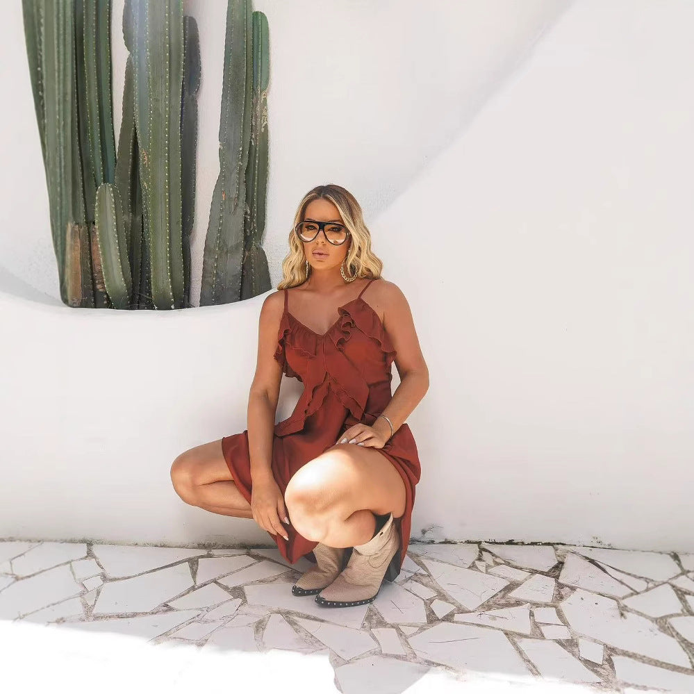 Patchwork Ruffled Sling Dress Summer Sexy Slit Slim Fitting Maxi Dress Women Clothing