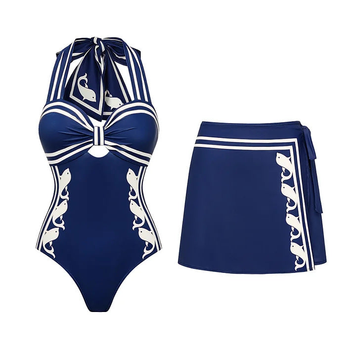Navy Halter One Piece Swimsuit with Abstract Print Boho Design