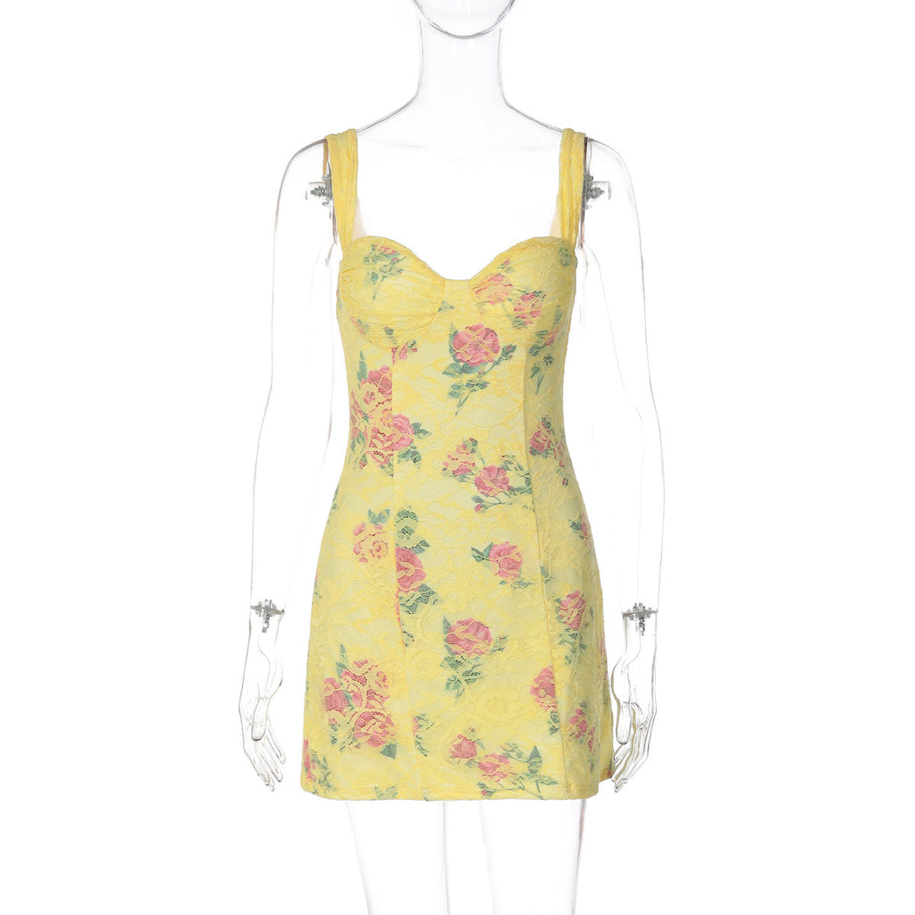 Women Clothing Summer Printed Lace Sheath Sexy Strap Dress