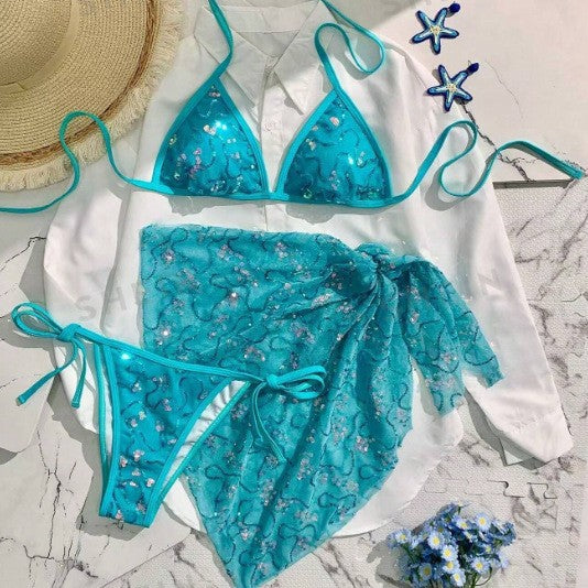 Blue Sequin Halter Bikini Three Piece Set - Boho Beach Swimwear