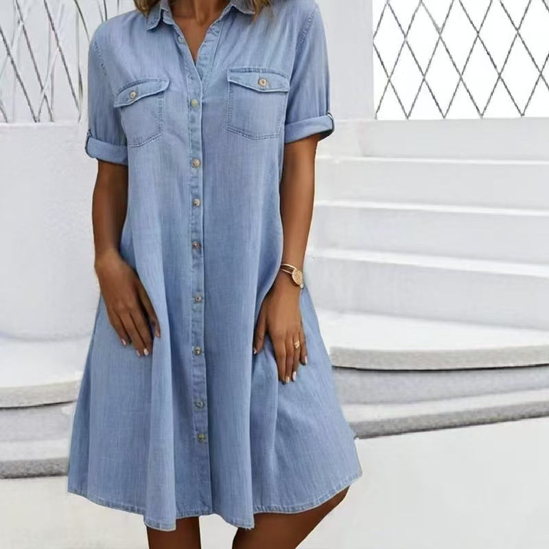 Casual Denim Maxi Dress with Regular Sleeves - Solid Color
