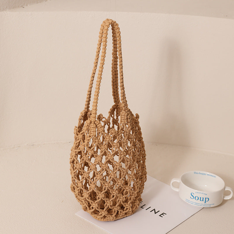 Woven Cotton Cutout Shoulder Bag Beach Fishing Net Style - Image 5