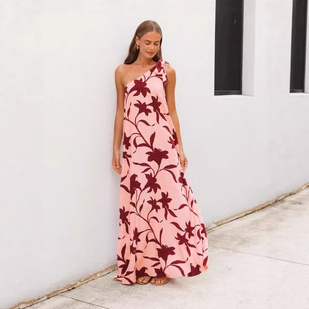 Summer Dress Printed Shoulder Lace up Sexy Vacation Maxi Dress
