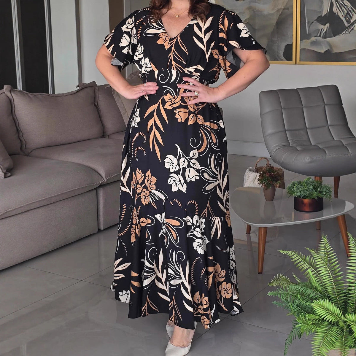 Women Vacation Casual Elegant Ruffle Sleeve V neck Tight Waist A line Dress