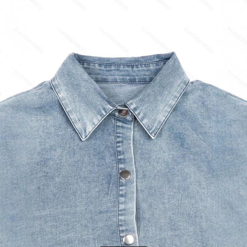 Washed Denim Ruffle Hem Dress in Light Blue Casual Bohemian