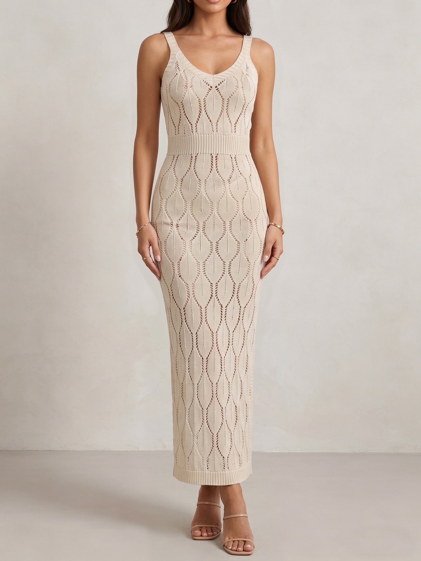 Women's Knitted Sleeveless Maxi Beach Dress with Split Detail