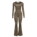 Spring Women Clothes Personality round Neck High Waist Slim Fit Backless Leopard Print Long Sleeve Jumpsuit Women