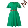 Women Clothing Elegant Solid Color V neck Flared Sleeves Dress