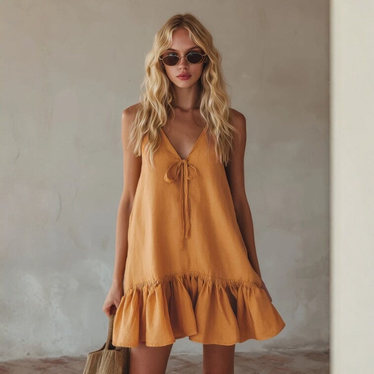 Summer Retro Vacation V neck Sleeveless Ruffled Loose Dress