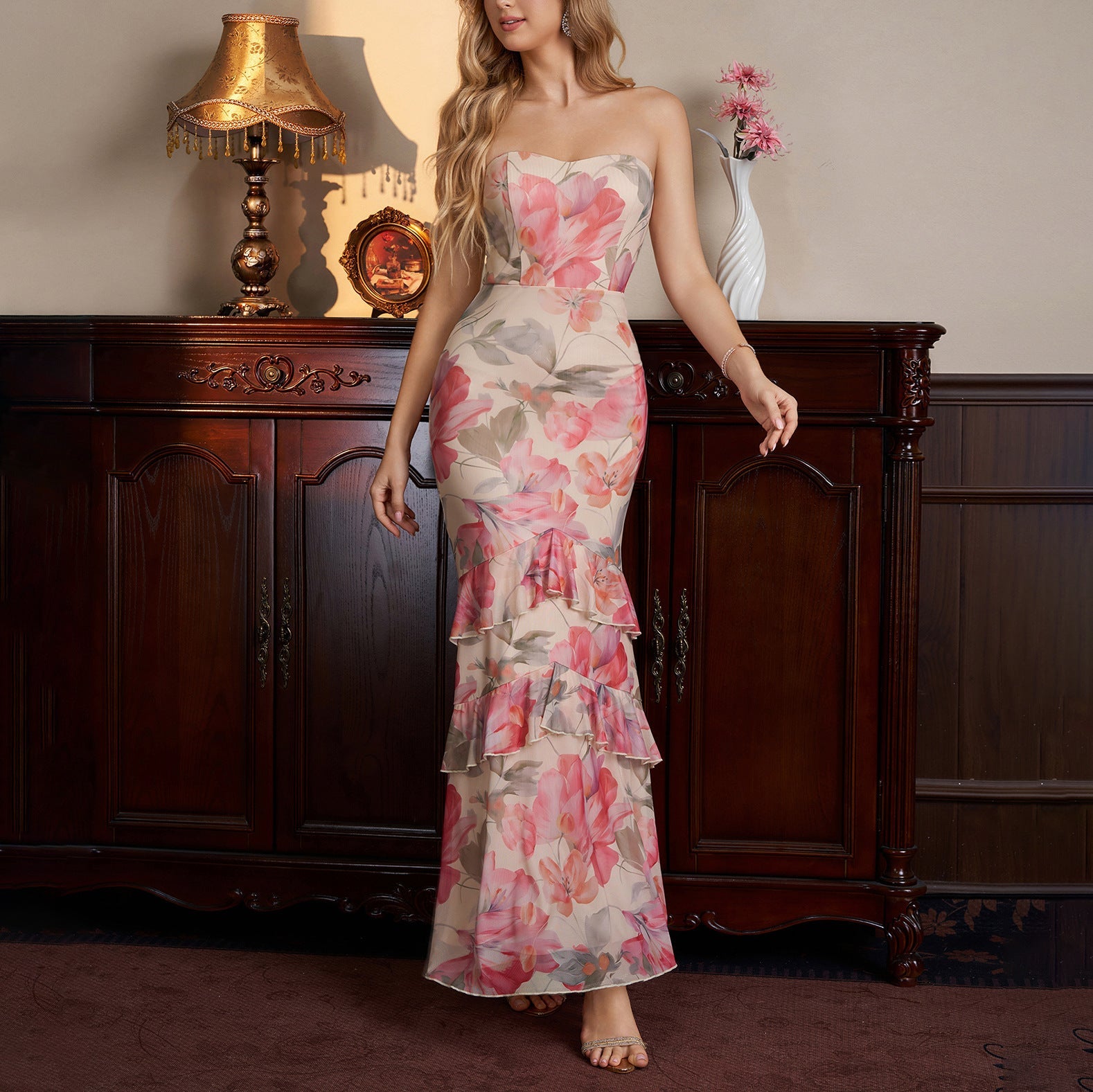 Summer Mesh Graceful Tube Top Dress Sexy Backless Slim Fit Slimming Flounce Printed Dress