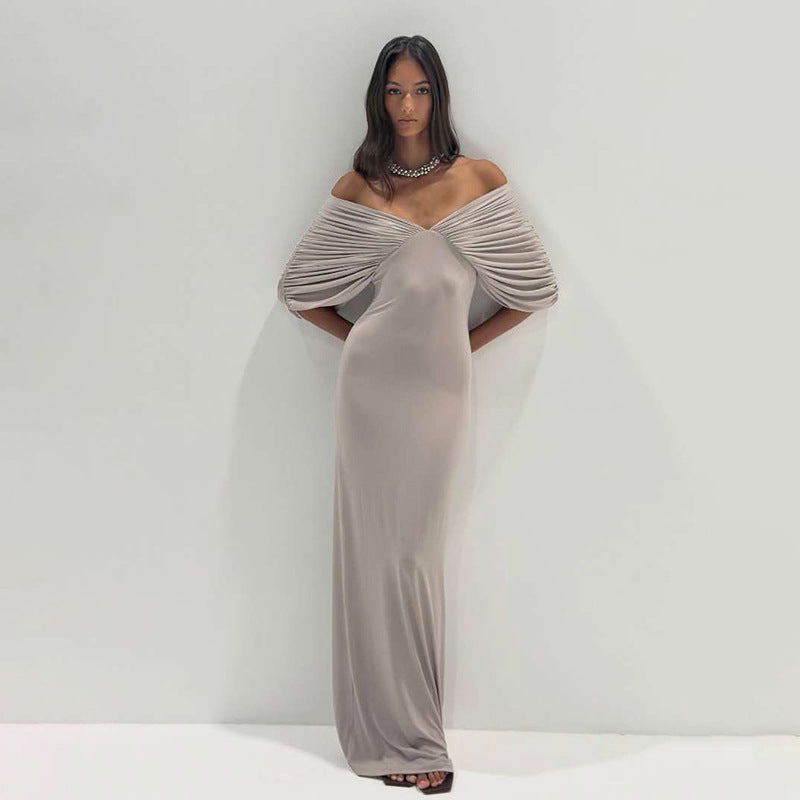 Minimalist Slim Fit Ruched Maxi Dress with Off-Neck Detail