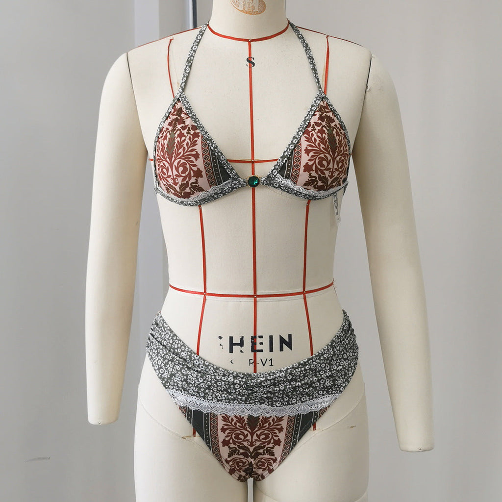 Boho Halter Lace-Up Ruffled One-Piece Bikini Swimsuit