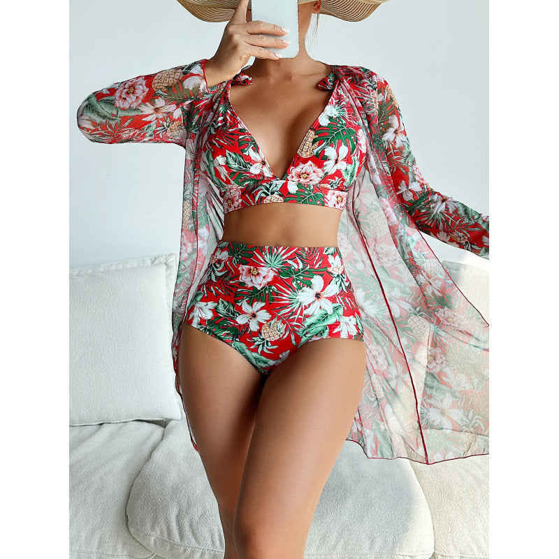 Floral Print 3-Piece Bikini Set with Tie-Front Long Sleeve Blouse