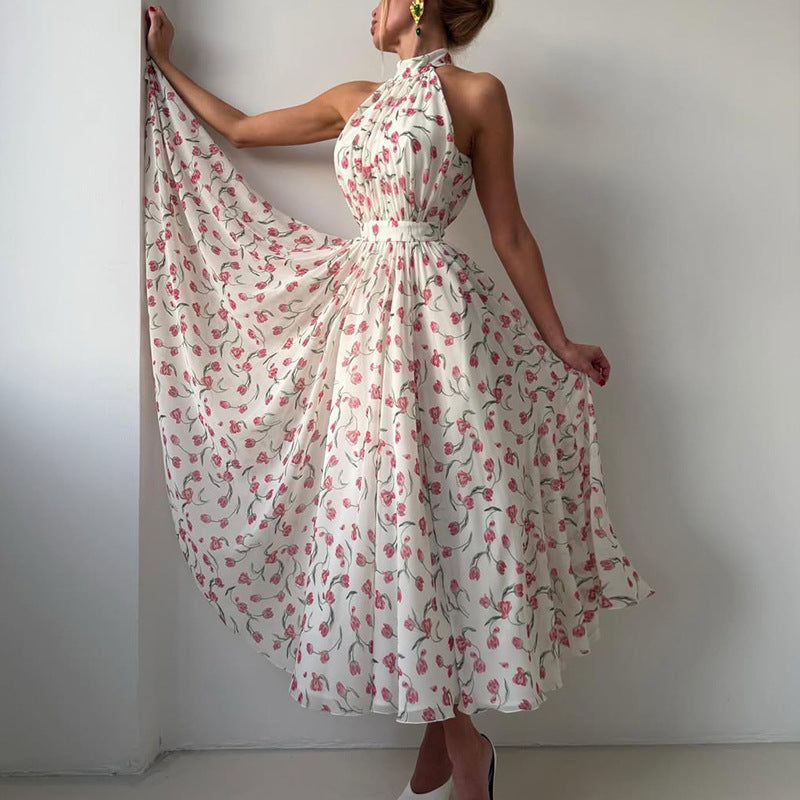 Women French Halter Floral Dress Summer Waist Slimming Sleeveless Mid Length A line Dress
