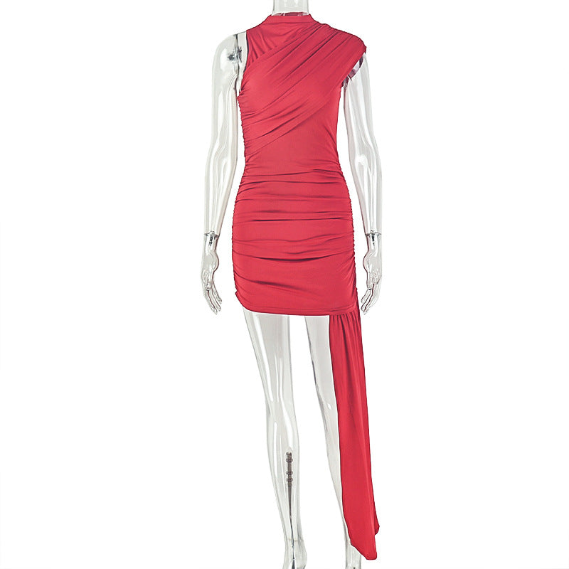 Solid Color Elegant Home Women Slim Fit Asymmetric Hip Sexy Sleeveless Turtleneck Dress