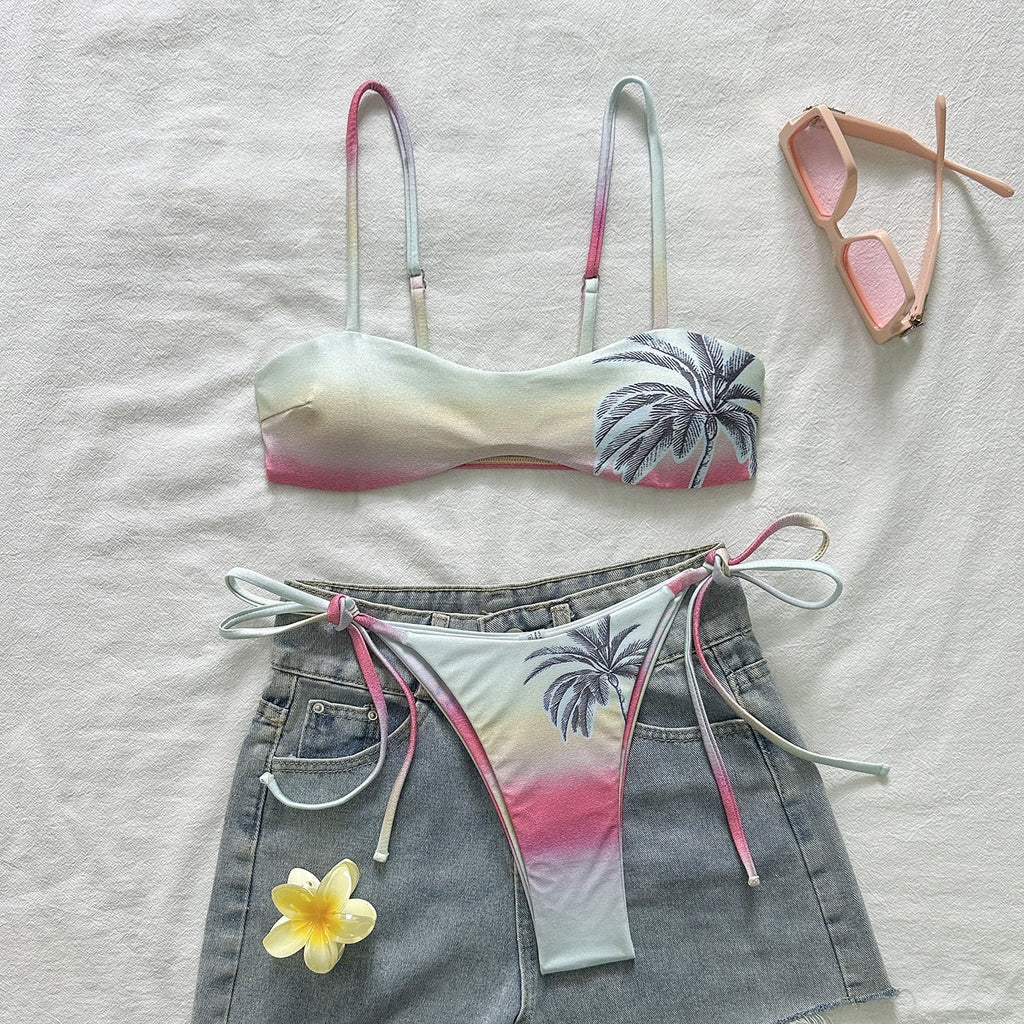 Tropical Coconut Tree Gradient Print Bikini Boho Vacation Swimwear