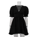 Women Clothing Summer French Puff Sleeve High Waist A line Dress Sexy V neck Waist Black Dress